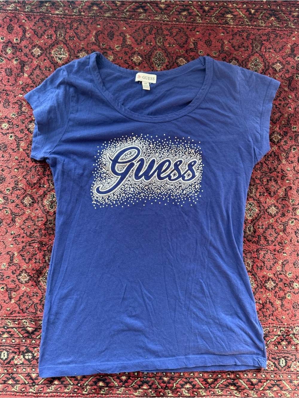 GUESS Y2K Blue Rhinestone Logo Tee Shirt